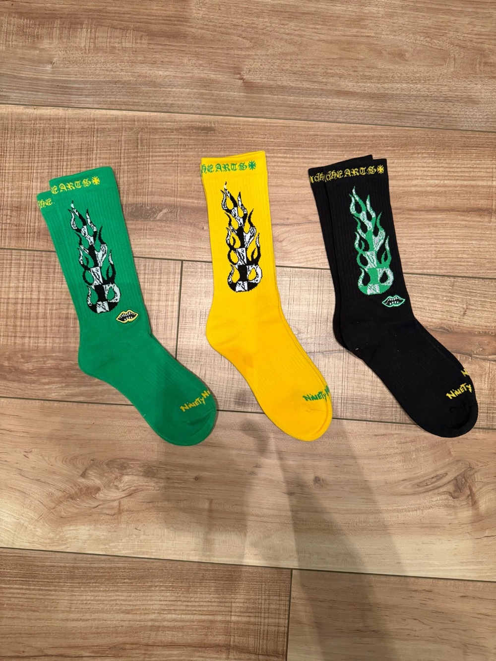 Chrome Hearts Flame Crew Socks — Green, Yellow & Black (3-Pack)